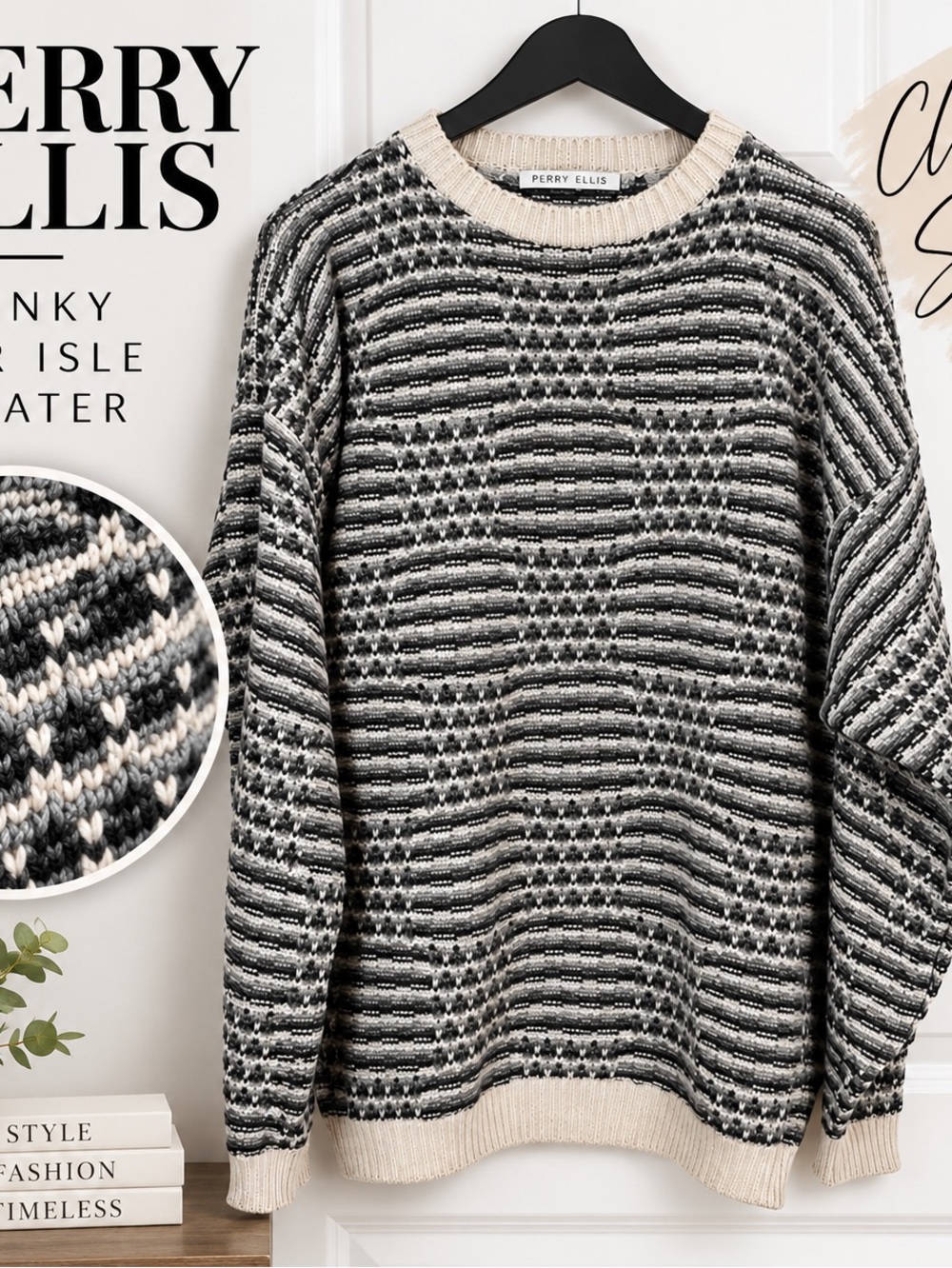 Perry Ellis Men’s Chunky Fair Isle Knit Crewneck Sweater Black Cream Gray
